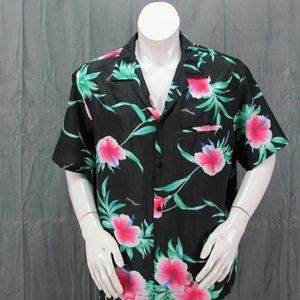 Vintage Hawaiian Shirt - Pink Floral Pattern on Black Helena's - Men's XL